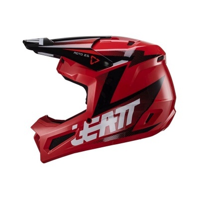Capacete integral vermelho com detalhes pretos e palavras LEATT e ROTO 25