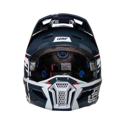 Capacete integral azul escuro, branco e vermelho com interior acolchoado preto e logo LEATT