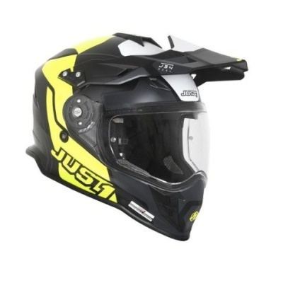 Capacete de moto preto e amarelo Just1 com viseira transparente