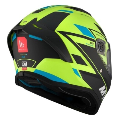 Capacete integral amarelo fluorescente e preto com detalhes em azul e texto DOT