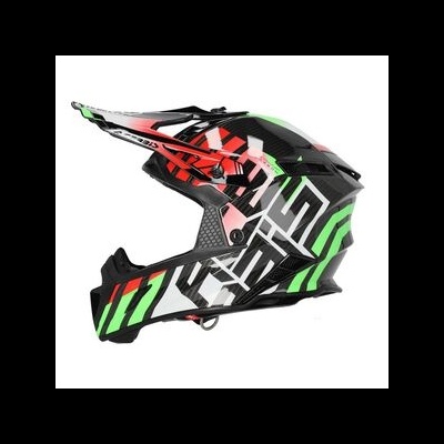 Capacete integral de motocross preto com detalhes verdes, vermelhos e brancos e texto LEATT