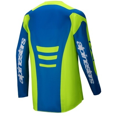Camisola desportiva azul e verde fluorescente Alpinestars com texto branco nas mangas