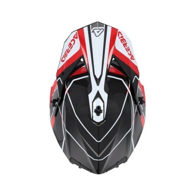 Capacete de motocross preto, branco e vermelho com texto ACERBIS