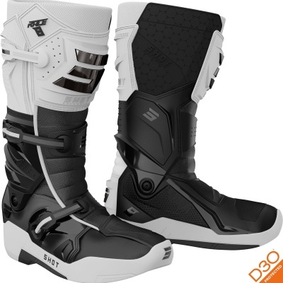 Botas de motocross pretas e brancas com fechos e detalhes em branco