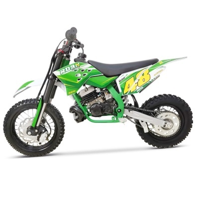 Motocross infantil verde com número 48 amarelo, assento preto e pneus com cravos