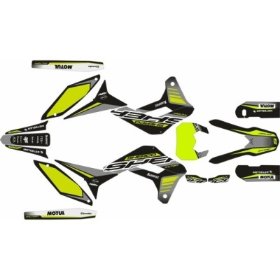 Conjunto de autocolantes para mota com cores preto, amarelo fluorescente e branco e texto SHERCO Racing, MOTUL e METZELER