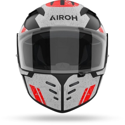 Capacete integral de motociclismo cinza, vermelho e preto com viseira transparente e texto AIROH