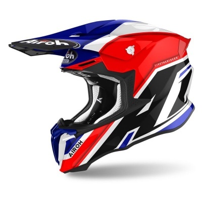 Capacete de motocross azul, branco, vermelho e preto com texto Airoh