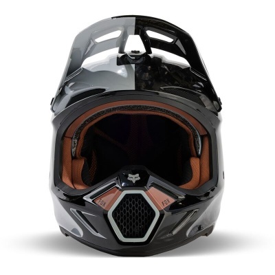 Capacete integral de motocross preto com interior castanho e logótipo FOX