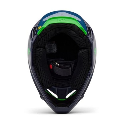 Capacete integral de motociclismo azul, verde e preto com interior acolchoado