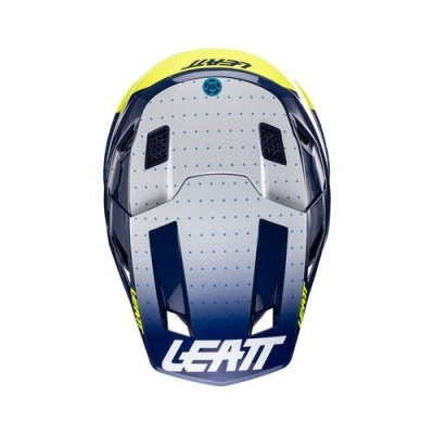Capacete esportivo Leatt em cores amarelo, azul e branco com logotipo