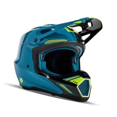 Capacete integral azul e preto com detalhes em verde fluorescente e azul.