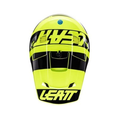 Capacete motocross amarelo fluorescente com texto LEATT e detalhes pretos