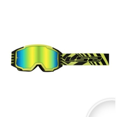 Óculos de proteção com lente espelhada e tira elástica com texto LS2