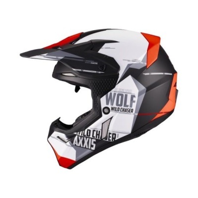 Capacete integral motocross branco preto vermelho com texto WOLF WILD CHASER e AXXIS