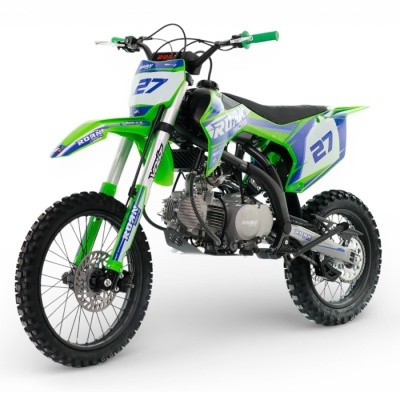 Moto de motocross verde e azul com números 27 e logótipos ROAN