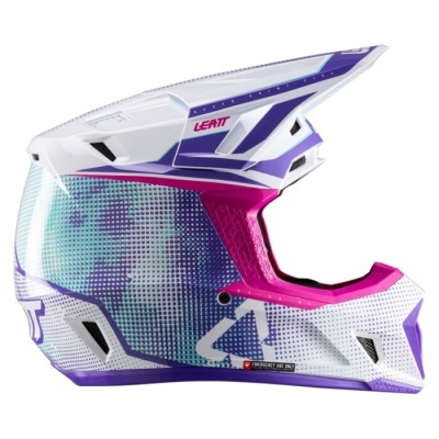 Capacete integral motocross branco, roxo e rosa com visor transparente e padrão pixelizado