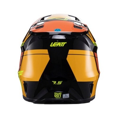 Capacete integral para motocross laranja, preto e amarelo com texto LEATT e selo DOT