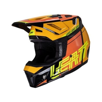 Capacete integral amarelo, laranja e preto com texto LEATT