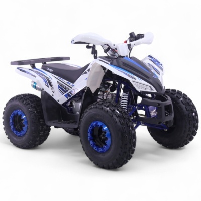 Quadriciclo desportivo branco, preto e azul com pneus grandes de borracha.