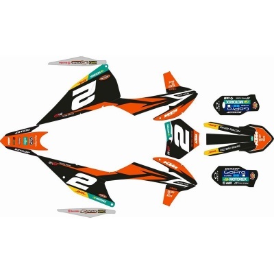 Kit autocolantes mota preto, laranja, branco, com logos e número 2