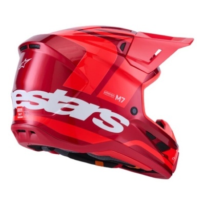capacete integral vermelho com texto branco 'stars' e 'M7'