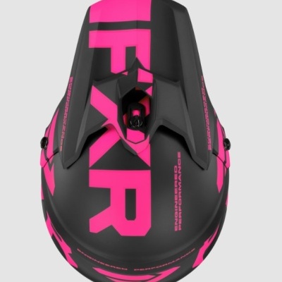Capacete de motocross preto e rosa com texto IFXR