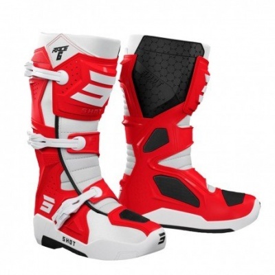 Botas de motocross vermelhas, brancas e pretas com fechos em velcro