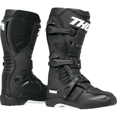 Botas de motocross pretas com logotipos THOR brancos
