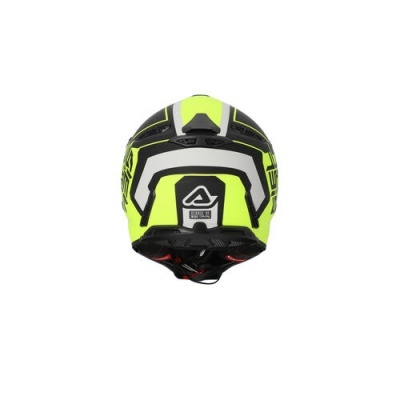 Capacete de motociclista verde fluorescente, preto e branco visto de trás