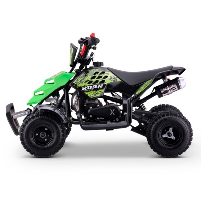 Mini moto todo-o-terreno preta e verde com texto ROAN RACING 49cc