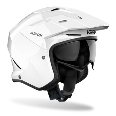 Capacete de motociclismo branco com viseira escura e logotipo AIROH