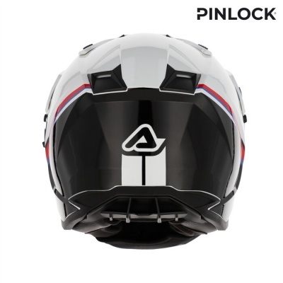 Capacete de motociclo branco e preto com detalhes coloridos e logótipo