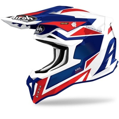 Capacete motocross azul branco vermelho com design aerodinâmico e inscrições