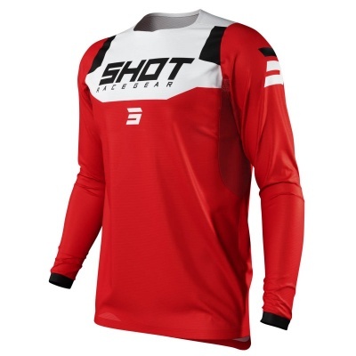 Camisola vermelha de manga comprida com inscrições SHOT RACEGEAR e número 3