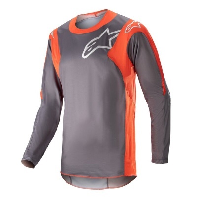 Camisola de motocross cinzenta e laranja com logótipos branco