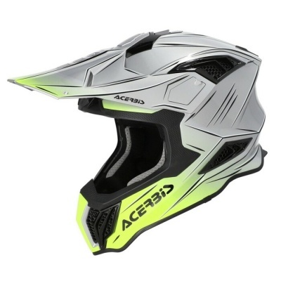 Capacete integral motocross Acerbis branco, cinza e amarelo fluorescente com detalhes pretos