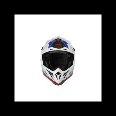 Capacete motocross branco com detalhes azuis, pretos e vermelhos e texto ACERBIS