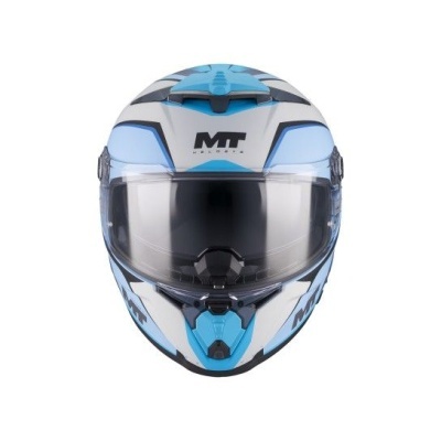 Capacete integral azul, preto e branco com viseira transparente e texto MT MALCORP