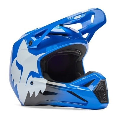 Capacete integral azul e branco para motocross com design de garra