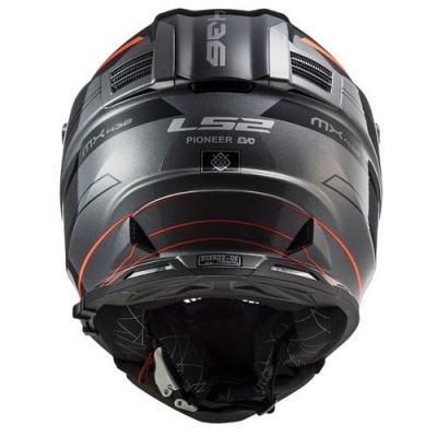 Capacete LS2 Pioneer EVO preto fosco com detalhes cinza e vermelhos visto de trás