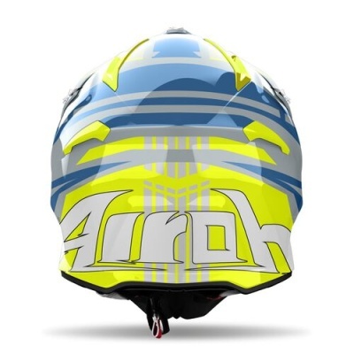 Capacete Airoh azul, branco e amarelo com design gráfico