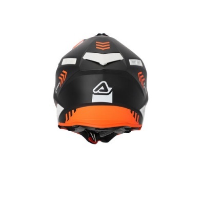 Capacete preto com detalhes laranja e branco visto de trás
