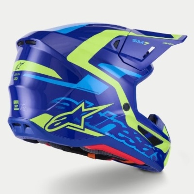 Capacete integral de motocross azul com detalhes amarelo fluorescente e azul claro