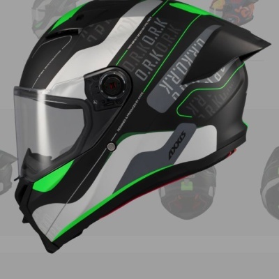 Capacete de motociclista preto, verde e branco com visor transparente e textos PRIOIRTY O.R.KORK