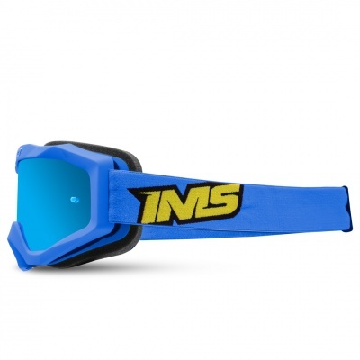 Óculos de proteção azul com lente espelhada e tira elástica azul com logótipo