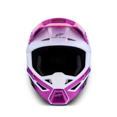Capacete de motocross branco e rosa visto de frente