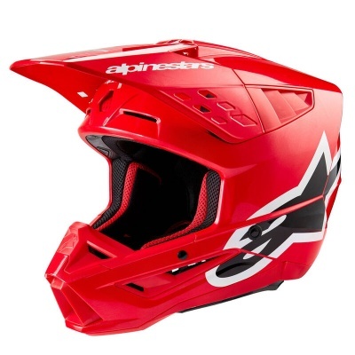 Capacete motocross vermelho com detalhes preto e branco e texto alpinestars