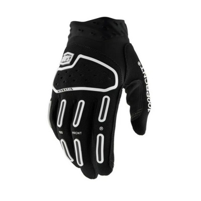 Luva preta de motociclismo com detalhes brancos e textos AIR MATIC, 100, PRCNT, 100 PERCENT