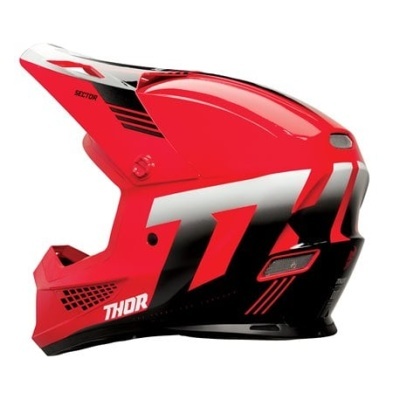 Capacete de motocross vermelho, preto e branco com texto THOR